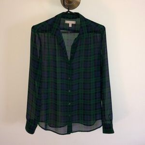 Banana Republic Sheer Green Plaid Blouse